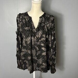 Fat Face Black Gold Metallic Feather Print Ruffle Blouse Top USA 12 UK 16